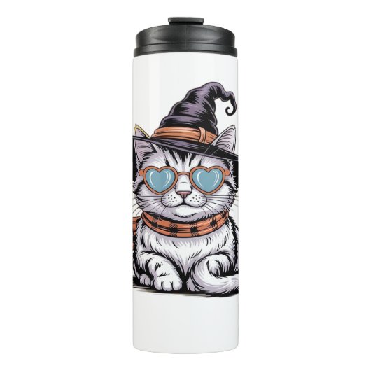 Cool Witch Cat – Schattige Halloween Kat met Heart Thermosbeker (Voorkant)