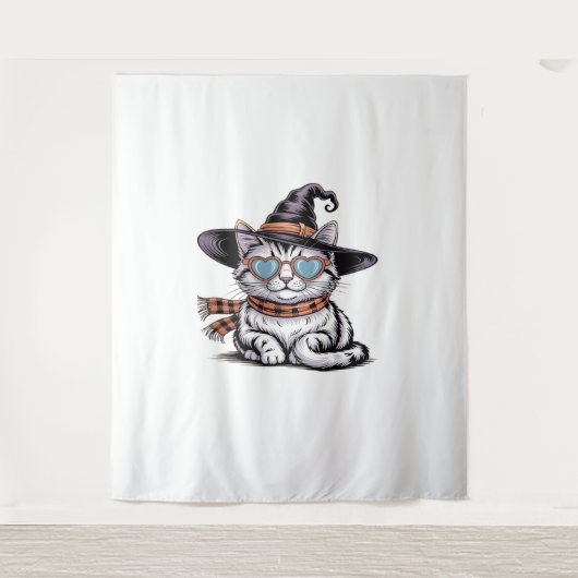 Cool Witch Cat – Schattige Halloween Kat met Heart Wandkleed (Voorkant)