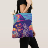 Cool Witch Retro Zonsondergang Halloween Tote Bag (Dichtbij)