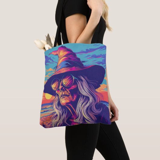 Cool Witch Retro Zonsondergang Halloween Tote Bag (Dichtbij)
