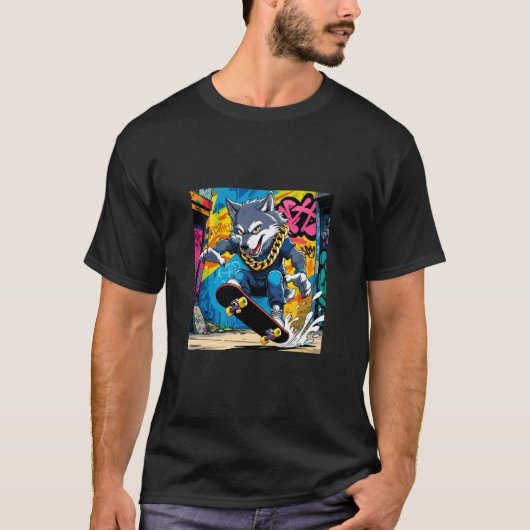 Cool Wolf Design. Wolf ON A Skate Board, Chain Gra T-shirt (Voorkant)