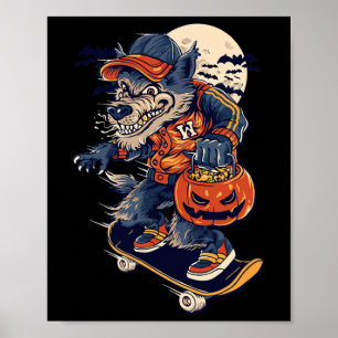Cool Wolf op een Skateboard met een Halloween Pomp Poster