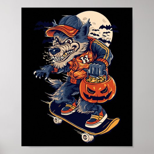 Cool Wolf op een Skateboard met een Halloween Pomp Poster (Voorkant)