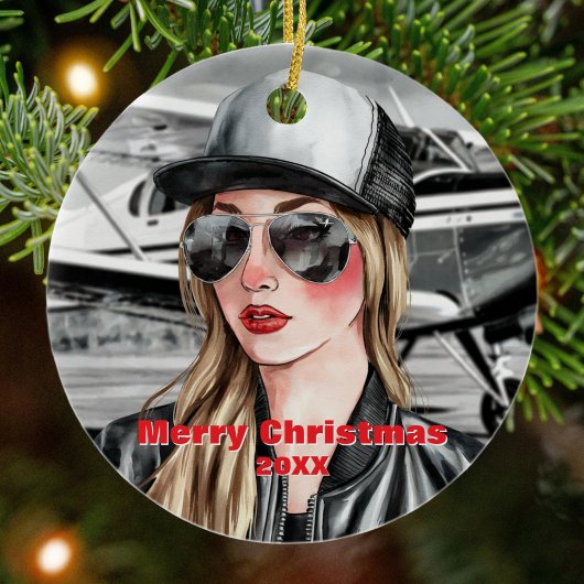 Cool Woman Piloot & Cessna Vliegtuig in Waterverf Keramisch Ornament