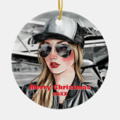 Cool Woman Piloot & Cessna Vliegtuig in Waterverf Keramisch Ornament (Voorkant)