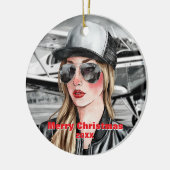 Cool Woman Piloot & Cessna Vliegtuig in Waterverf Keramisch Ornament (Links)