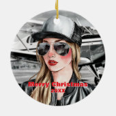 Cool Woman Piloot & Cessna Vliegtuig in Waterverf Keramisch Ornament (Achterkant)