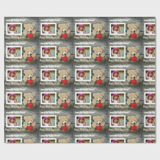 Cool Wood Red Hearts Teddy Bear Birthday Foto Cadeaupapier (Vlak)