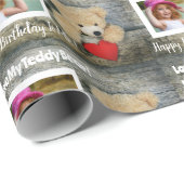 Cool Wood Red Hearts Teddy Bear Birthday Foto Cadeaupapier (Rol Hoek)