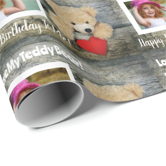 Cool Wood Red Hearts Teddy Bear Birthday Foto Cadeaupapier (Rol Hoek)