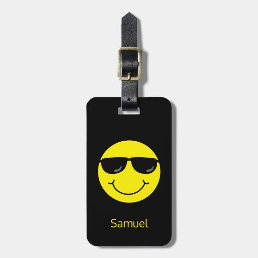 Cool Yellow Emoji Face met zonnebril Monogram Bagagelabel (Voorkant verticaal)