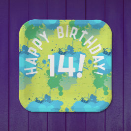 Cool Yellow Turquoise Green Color Splash Party Papieren Bordje