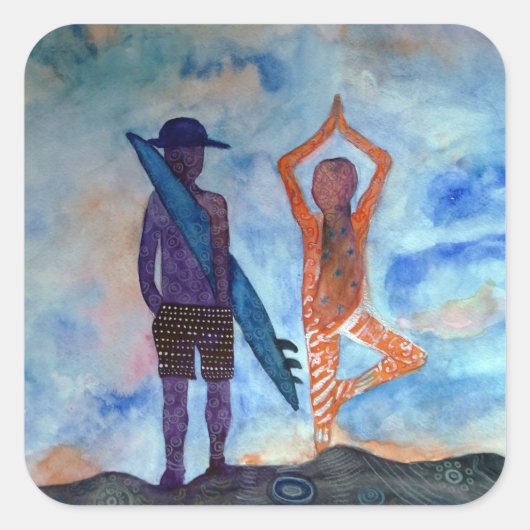 Cool yoga Surf Sunset Art Square Stickers, glanzen Vierkante Sticker (Voorkant)