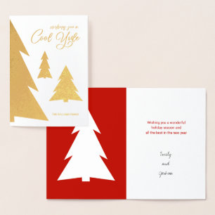 Cool Yule Moderne Bomen Vakantie Rood en Goud Echt Folie Kaarten