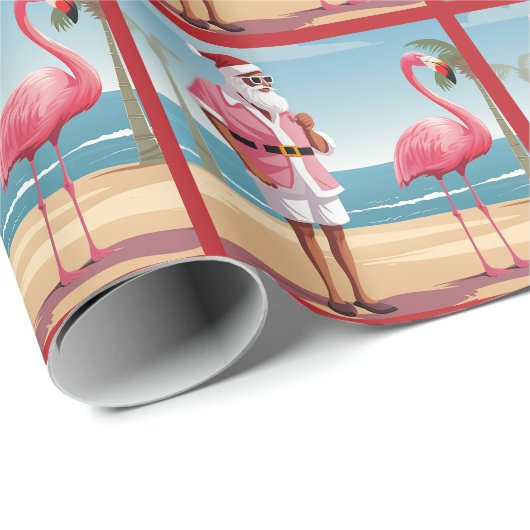 Cool Yule Santa en Flamingo Beach Kerstmis Cadeaupapier (Rol Hoek)