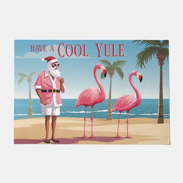 Cool Yule Santa en Flamingos Beach Kerstmis Deurmat (Voorkant)