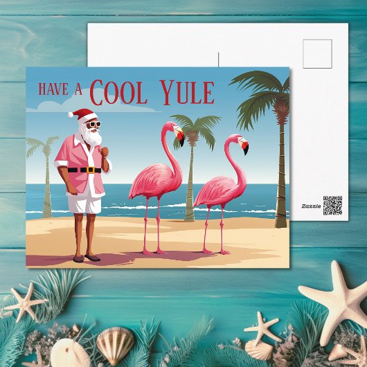 Cool Yule Santa en Flamingos Beach Kerstmis Feestdagenkaart