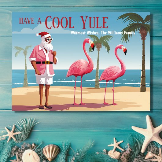 Cool Yule Santa en Flamingos Beach Kerstmis Feestdagenkaart