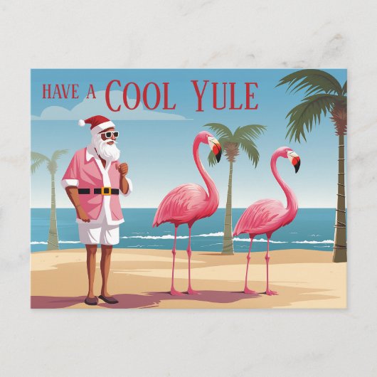 Cool Yule Santa en Flamingos Beach Kerstmis Feestdagenkaart (Voorkant)
