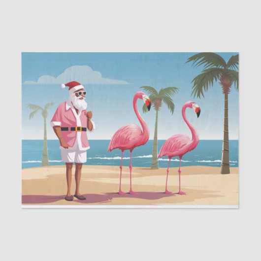 Cool Yule Santa en Flamingos Beach Kerstmis Tissuepapier (Voorkant)