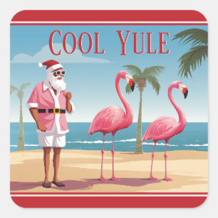 Cool Yule Santa en Flamingos Beach Kerstmis Vierkante Sticker