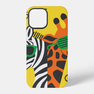 Cool zebra en giraffe met bril op gele achtergrond iPhone 12 hoesje