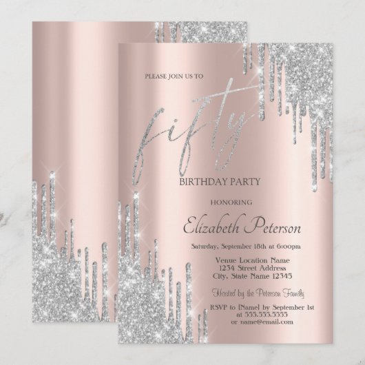 Cool Zilver Glitter Drips 50th Verjaardag Kaart (Voorkant / Achterkant)