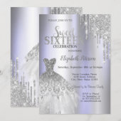Cool Zilver Glitter Drips, Jurk Violet Sweet 16 Kaart (Voorkant / Achterkant)