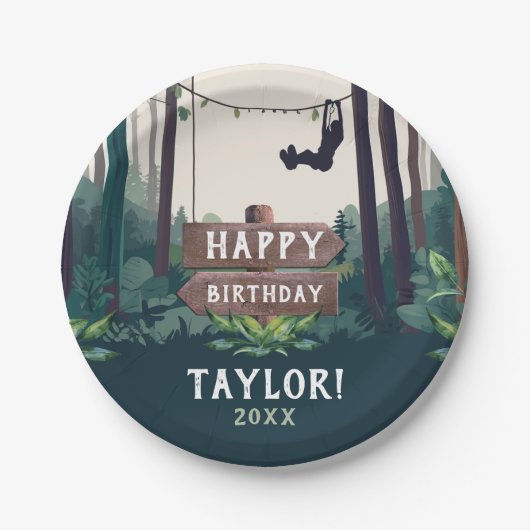 Cool Ziplining Bos Verjaardag Buitengroen Papieren Bordje (Voorkant)