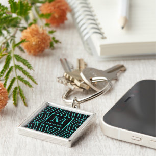 Cool zwart en blauw gekarteld ZigZag patroon monog Sleutelhanger