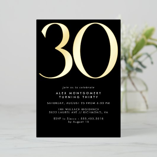 Cool Zwart en Goud | Vrouwen of Mannen 30e verjaar Folie Uitnodiging (Staand Voorkant)