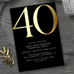 Cool Zwart en Goud | Vrouwen of Mannen 40ste verja Folie Uitnodiging<br><div class="desc">Moderne minimal style 40e verjaardagsuitnodigingen met kop "40" tekst in echte metallic folie. Uw evenementgegevens worden in mat wit afgedrukt. Zwart met gouden accenten.</div>