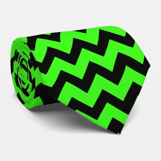Cool Zwart en helder neon groen Chevron patroon Stropdas (Opgerold)