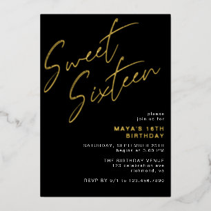 Cool Zwart & Goud Sweet Sixteen Glam 16e Verjaarda Folie Uitnodiging