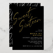 Cool Zwart & Goud Zoet Zestien Glam 16e Verjaardag Folie Uitnodiging (Voorkant / Achterkant)