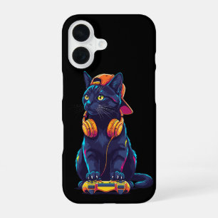 Cool zwart kat gamer Halloween griezelig ontwerp iPhone 16 Hoesje