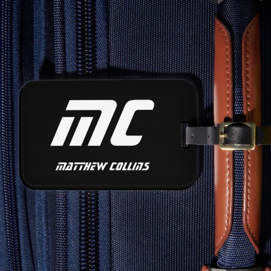 Cool zwart-wit gepersonaliseerd sportmonogram bagagelabel (Voorkant Insitu 4)