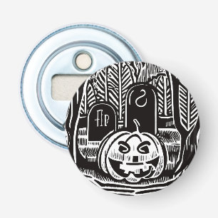 Cool Zwart Wit Halloween Pompoen Kerkhof Kunst Button Flesopener