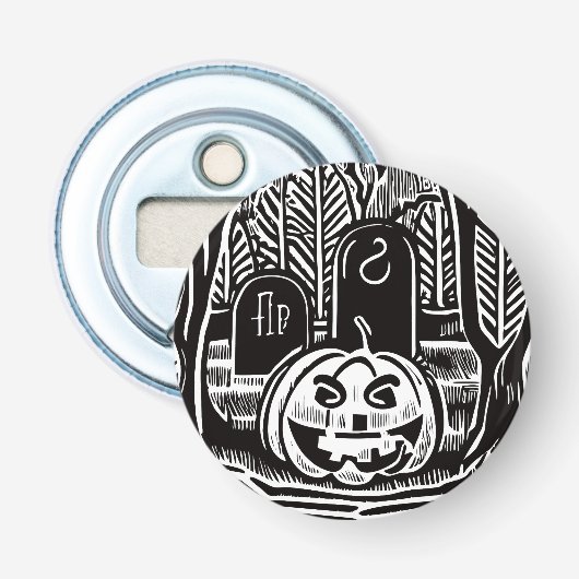 Cool Zwart Wit Halloween Pompoen Kerkhof Kunst Button Flesopener (Voorkant)