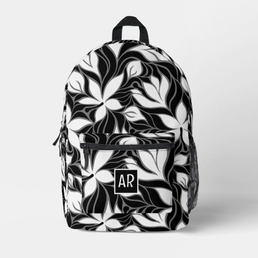 Cool Zwart Wit Modern Bloemen Patroon Monogrammed Bedrukte Rugzak (Voorkant)