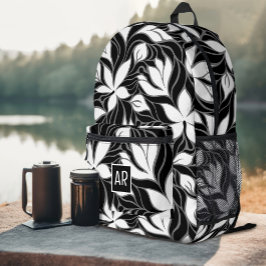 Cool Zwart Wit Modern Bloemmotief met Monogram Bedrukte Rugzak