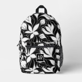 Cool Zwart Witte Moderne Bloem Motief met Monogram Bedrukte Rugzak (Voorkant)
