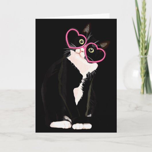 Cool Zwarte Kat Kitten Rode Hart Gles Happy Valent Kaart (Voorkant)
