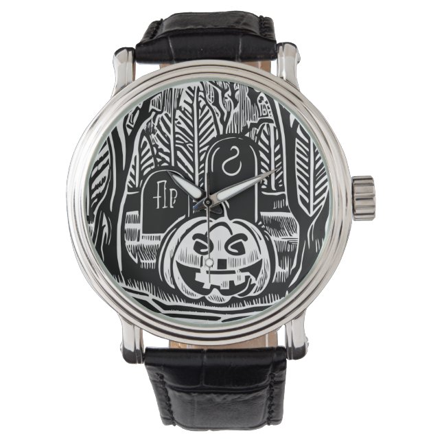 Cool Zwarte Witte Halloween Pompoen Begraafplaats  Horloge (Voorkant)
