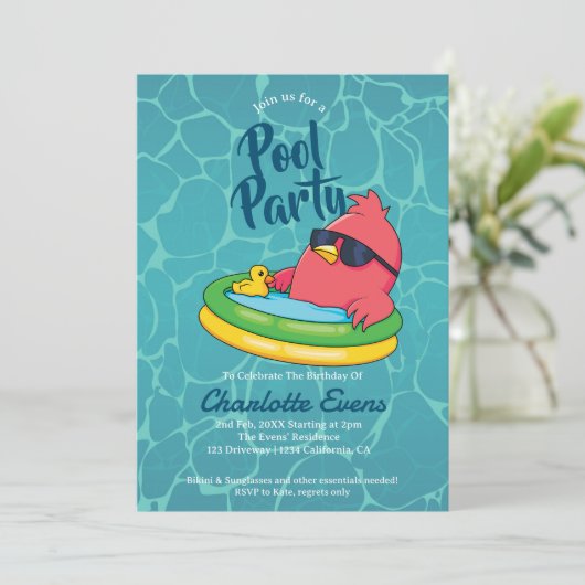Cool Zwembad Party Zwemmen Verjaardag Uitnodiging (Staand voorkant)
