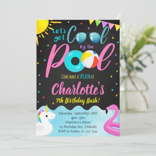 Cool Zwembad Party Zwemmen Verjaardag Uitnodiging (Staand voorkant)