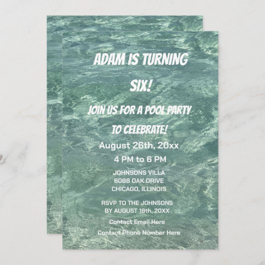 Cool Zwembad Verjaardagsfeestje Blauw Water Custom Kaart (Voorkant / Achterkant)