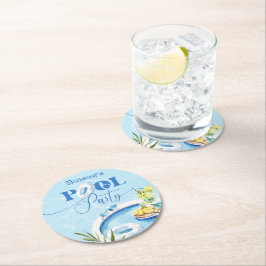 Cool zwembad verjaardagsfeestje blauw zwemmen ronde kartonnen onderzetter