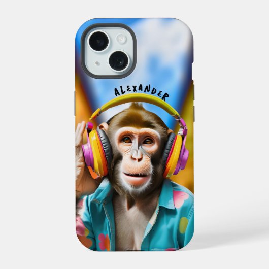 Coole aap met koptelefoon iPhone 15 case (Achterkant)