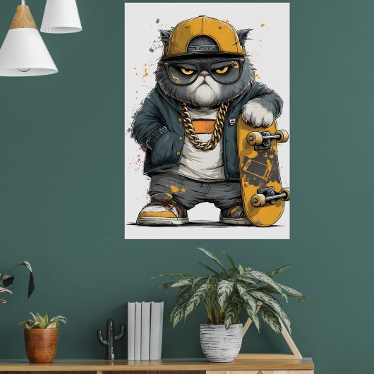 Coole antropomorfe kat in hiphopkleding poster (Woonkamer 1)